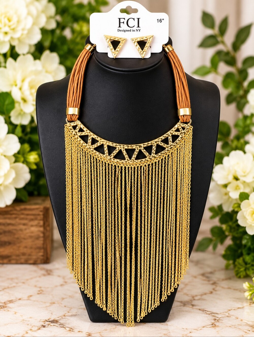 FCI Gold Tone Chain Fringe Bib Necklace & Earrings Statement Set NWT